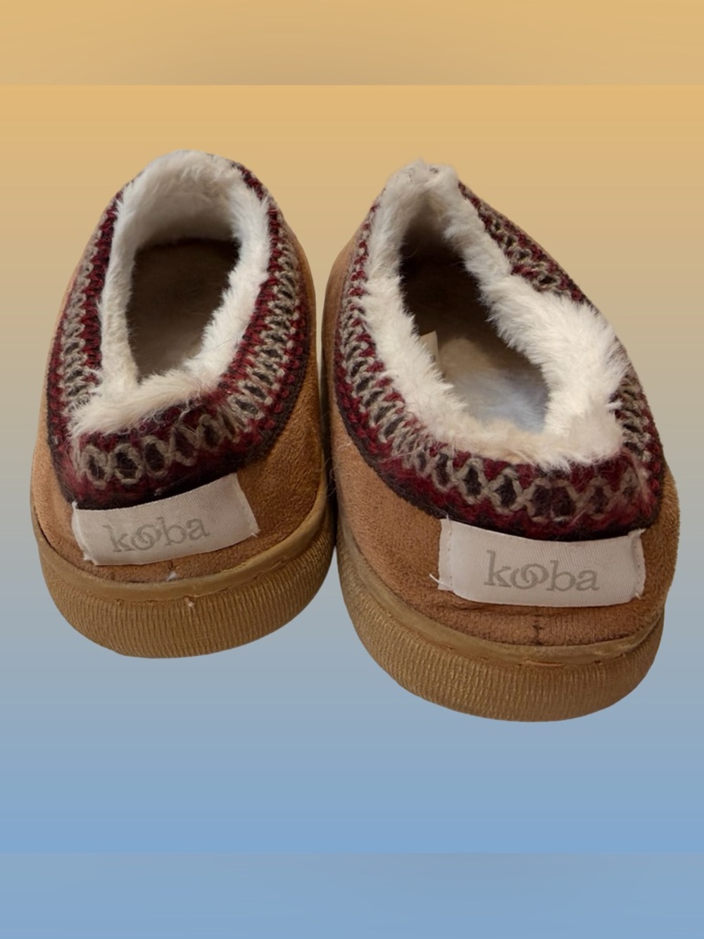 Kooba Faux Suede Slipper Women’s M 6.5-7.5 Tan Knit Trim Shearling lining - Picture 4 of 7